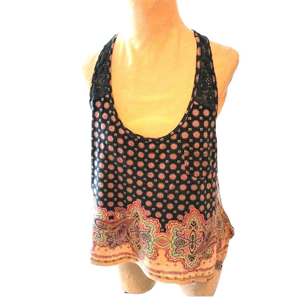 BOHEMIAN Summer Top Sz Large BLUE Racer Back with LACE BACK  EXOTIC BOHO PATTERN